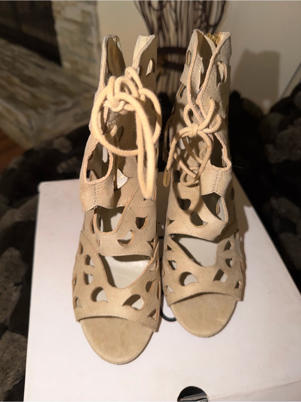 Aldo Beige Cutout Lace-Up Suede Heels